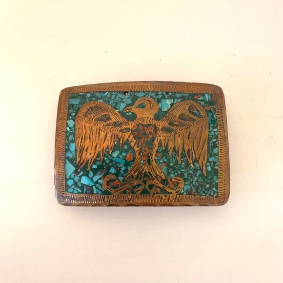 handmade Accessories - Vintage Turquoise and Red Coral Chip Inlay Bronze Belt Buckle Handmade